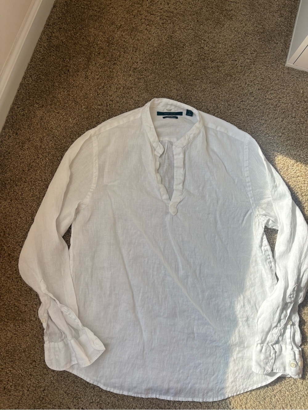 Perry Ellis White Linen Band-Collar Button Placket Shirt
